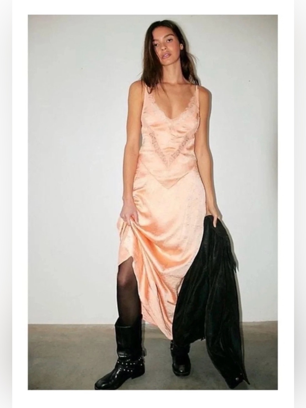 Free People Maybe Forever Maxi Dress Peach Crinkle Satin Lace V Neck Size 12 NWT
